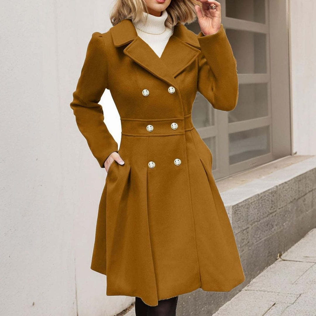 Ava | Women's Double-Breasted Pleated A-Line -Blend Longline Coat