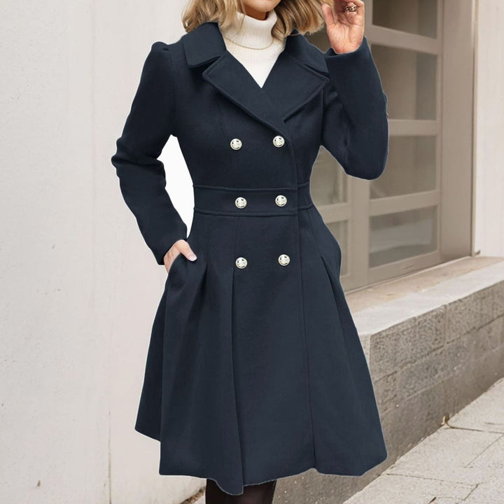 Ava | Women's Double-Breasted Pleated A-Line -Blend Longline Coat