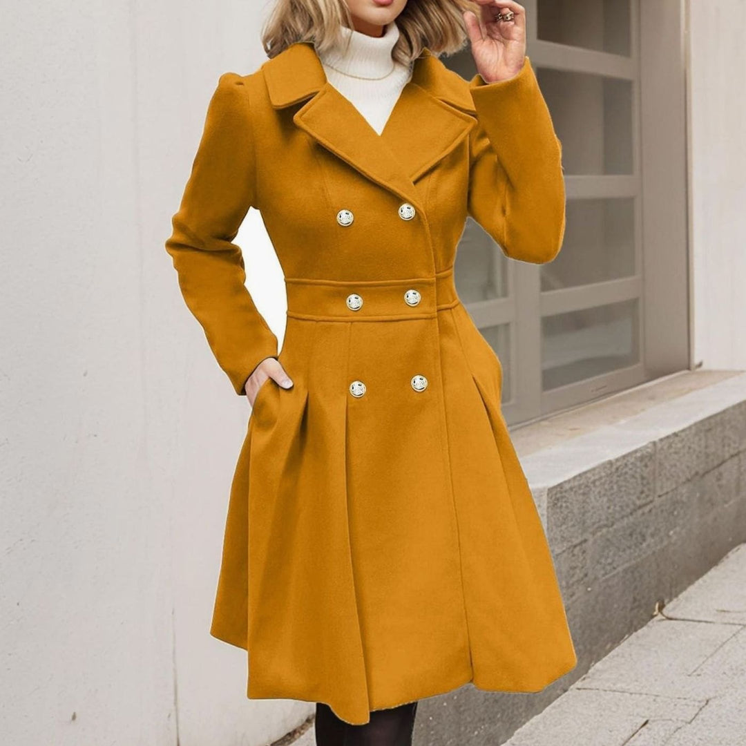 Ava | Women's Double-Breasted Pleated A-Line -Blend Longline Coat