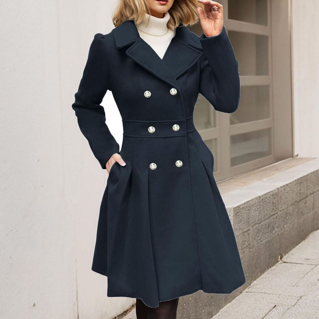 Ava | Women's Double-Breasted Pleated A-Line -Blend Longline Coat