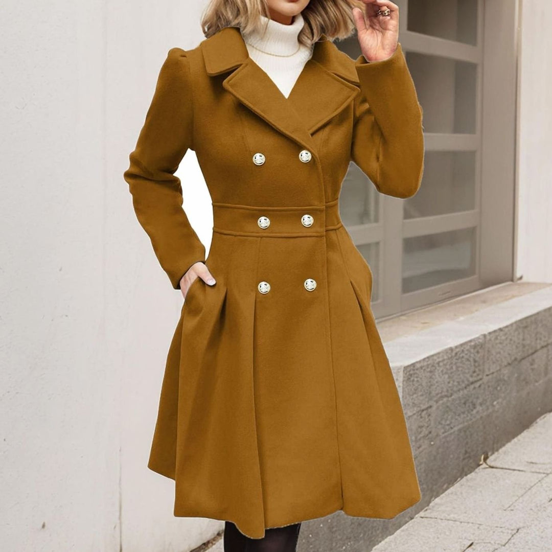 Ava | Women's Double-Breasted Pleated A-Line -Blend Longline Coat
