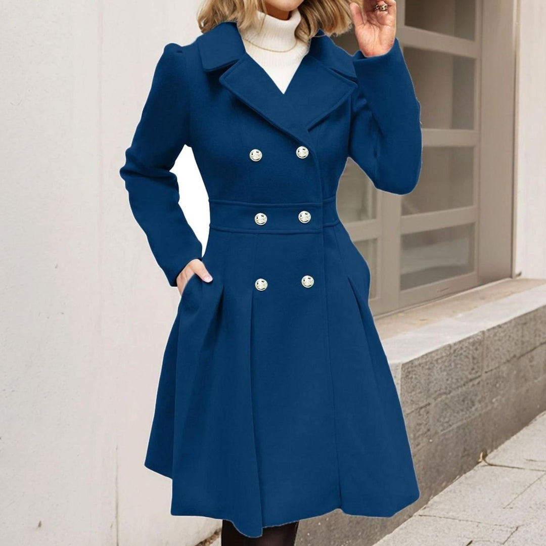 Ava | Women's Double-Breasted Pleated A-Line -Blend Longline Coat