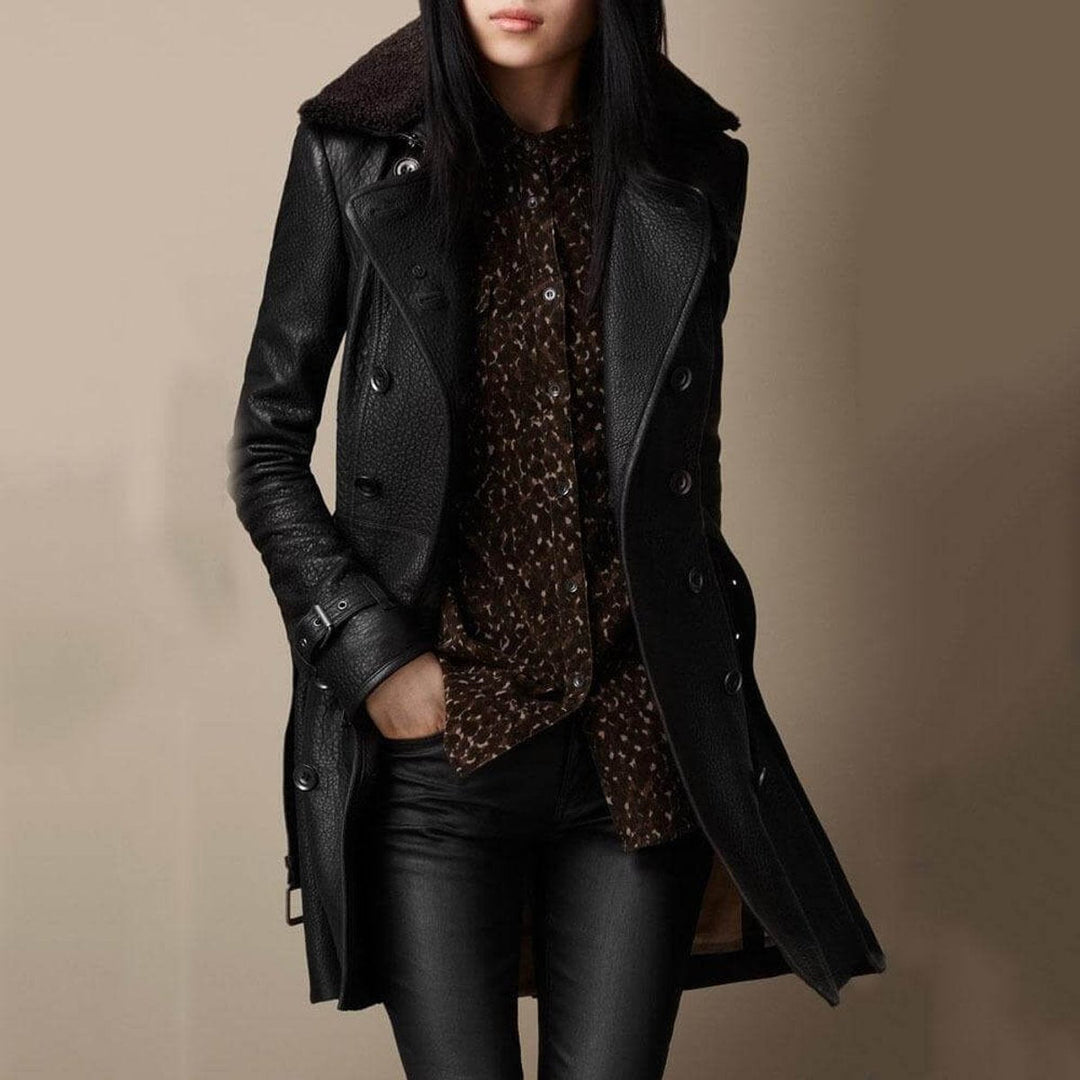 Amelia | Women's Double-Breasted Shearling-Collar 3/4 Leather Jacket