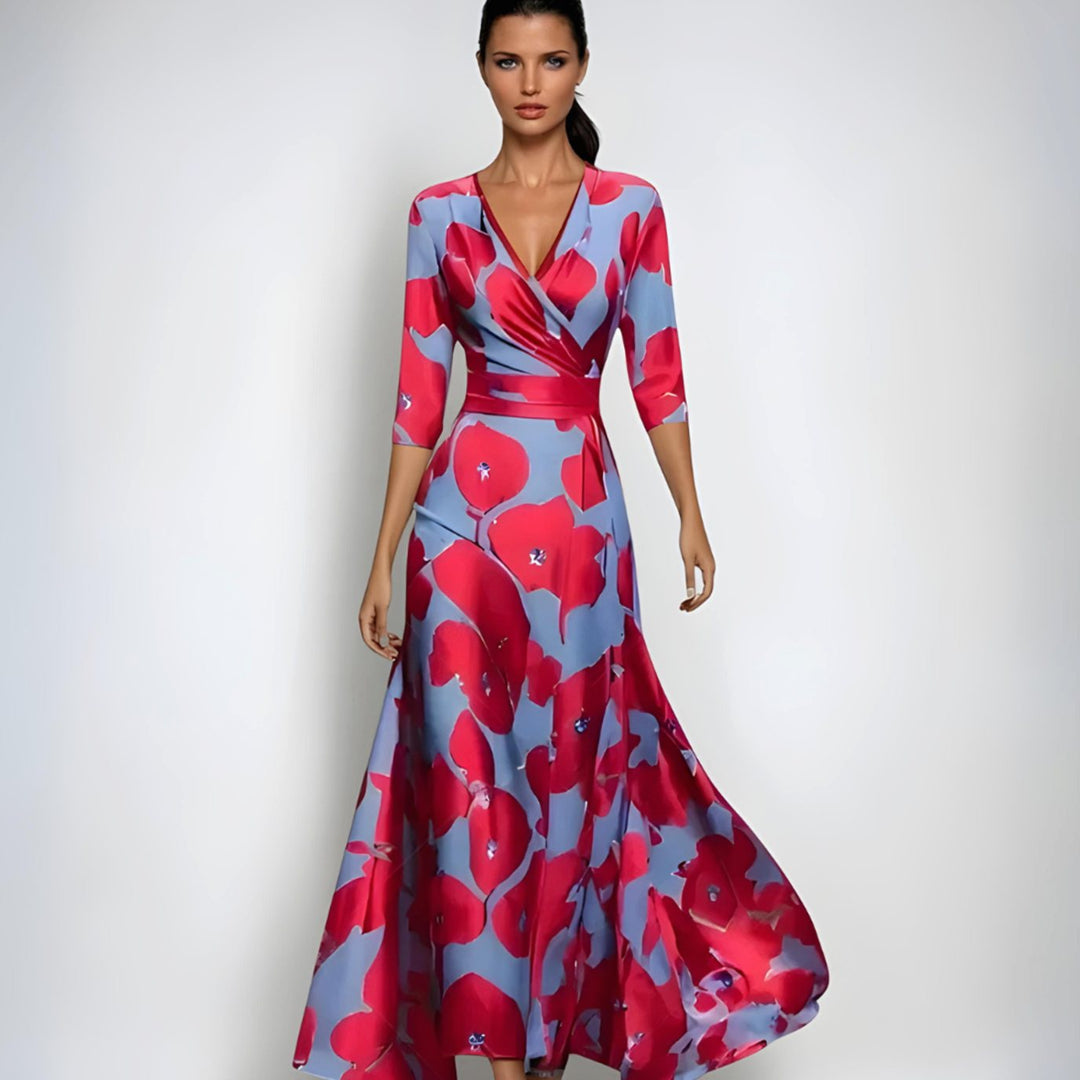 Sophia | Women's Elegant V-Neck Wrap Floral Dress Maxi A-Line