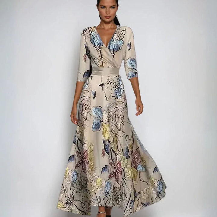 Sophia | Women's Elegant V-Neck Wrap Floral Dress Maxi A-Line