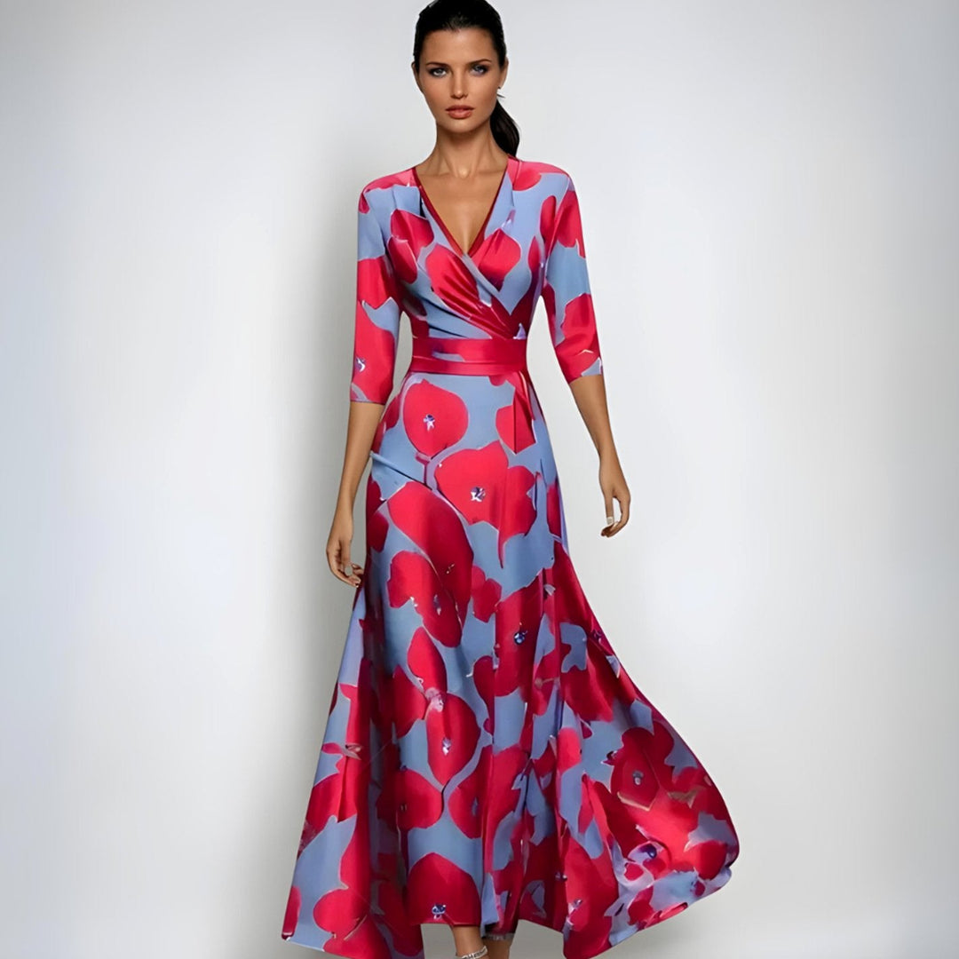 Sophia | Women's Elegant V-Neck Wrap Floral Dress Maxi A-Line