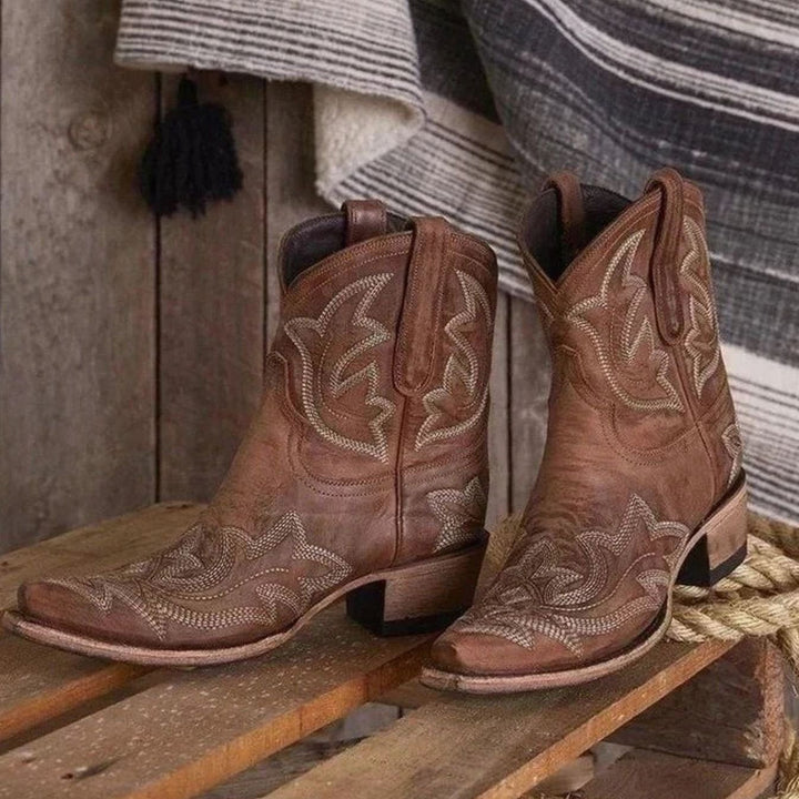 Evelyn | Women's Embroidered Western Cowboy Ankle Boots Block Heel