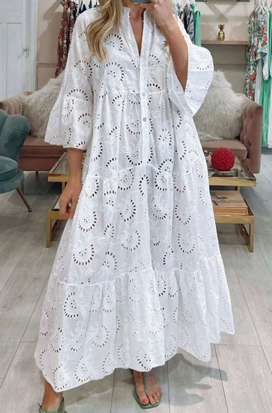 Hannah | Women's Eyelet Embroidered Tiered Maxi Dress V-Neck 3/4 Sleeve