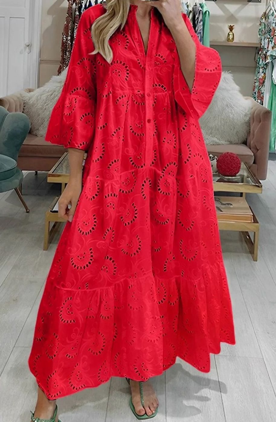 Hannah | Women's Eyelet Embroidered Tiered Maxi Dress V-Neck 3/4 Sleeve