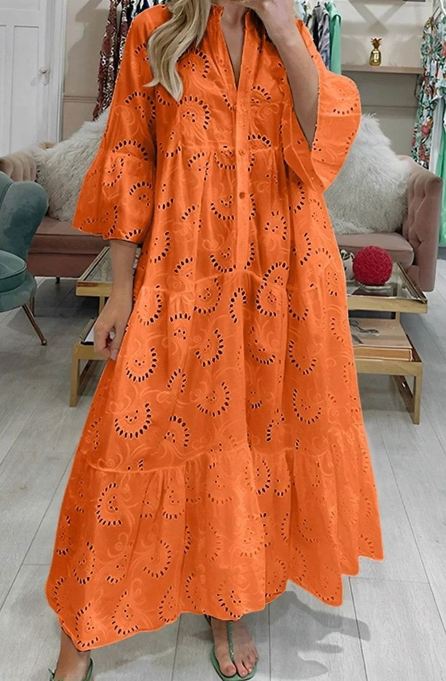 Hannah | Women's Eyelet Embroidered Tiered Maxi Dress V-Neck 3/4 Sleeve