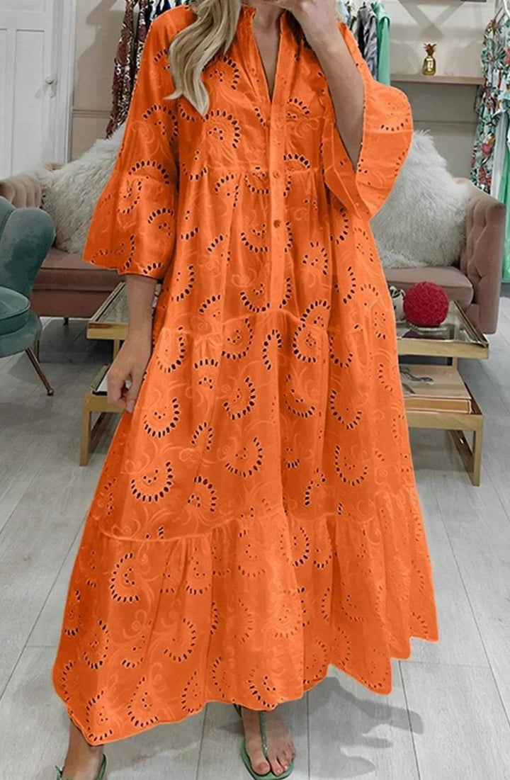 Hannah | Women's Eyelet Embroidered Tiered Maxi Dress V-Neck 3/4 Sleeve