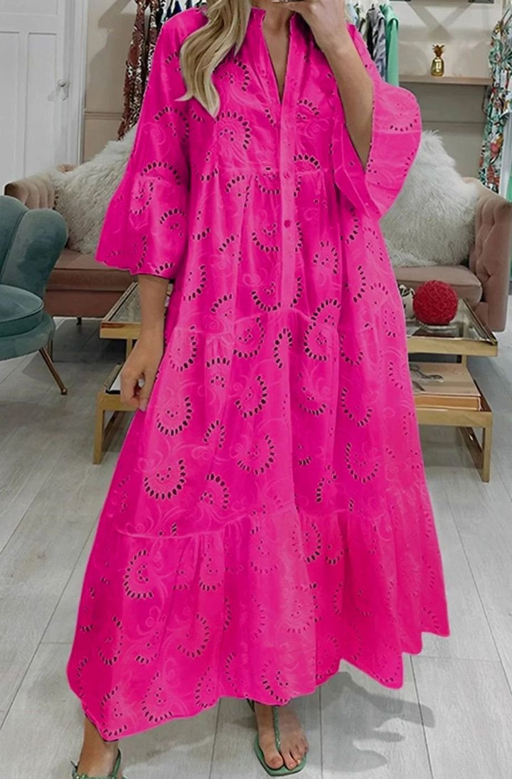 Hannah | Women's Eyelet Embroidered Tiered Maxi Dress V-Neck 3/4 Sleeve