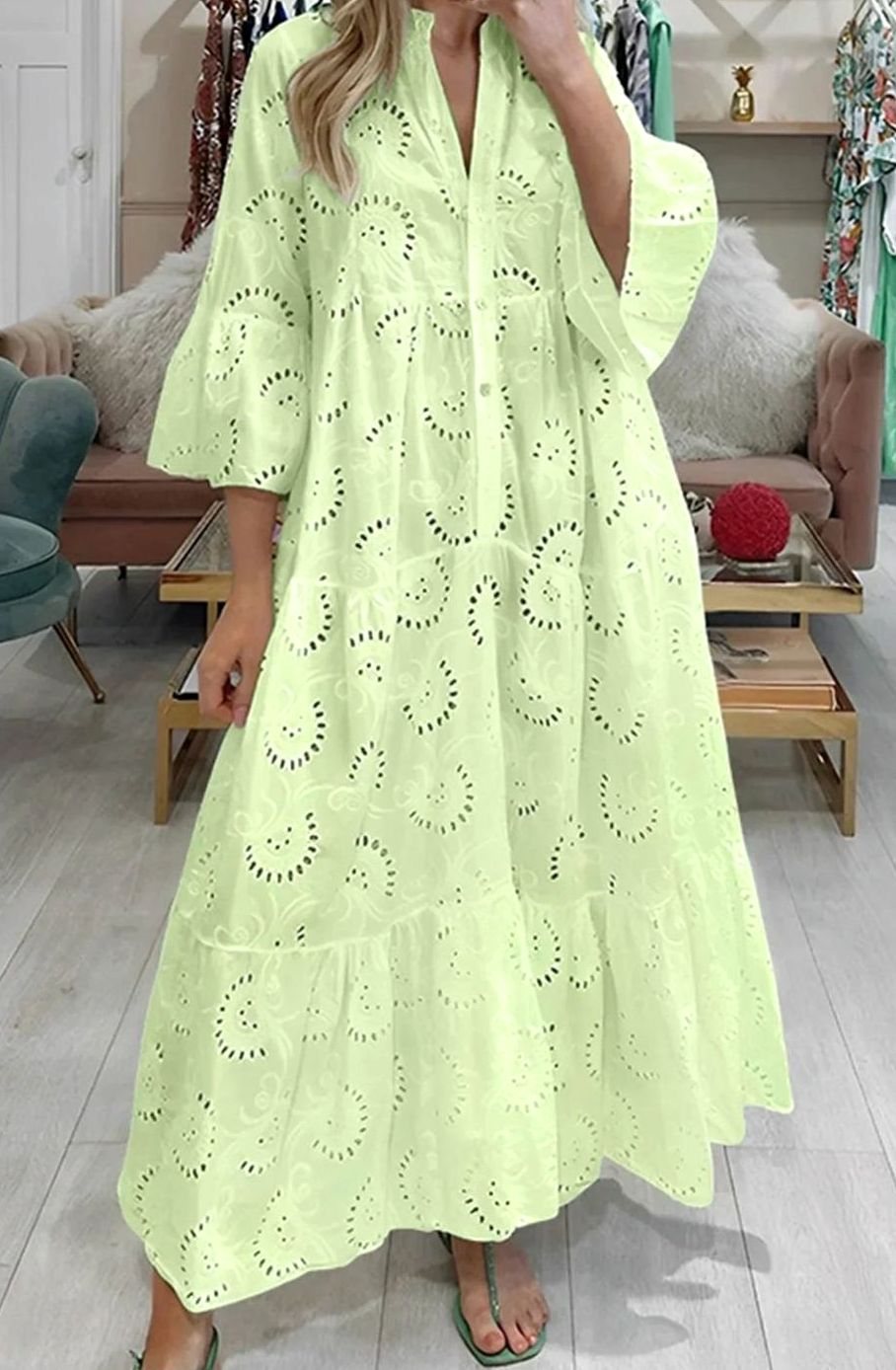 Hannah | Women's Eyelet Embroidered Tiered Maxi Dress V-Neck 3/4 Sleeve
