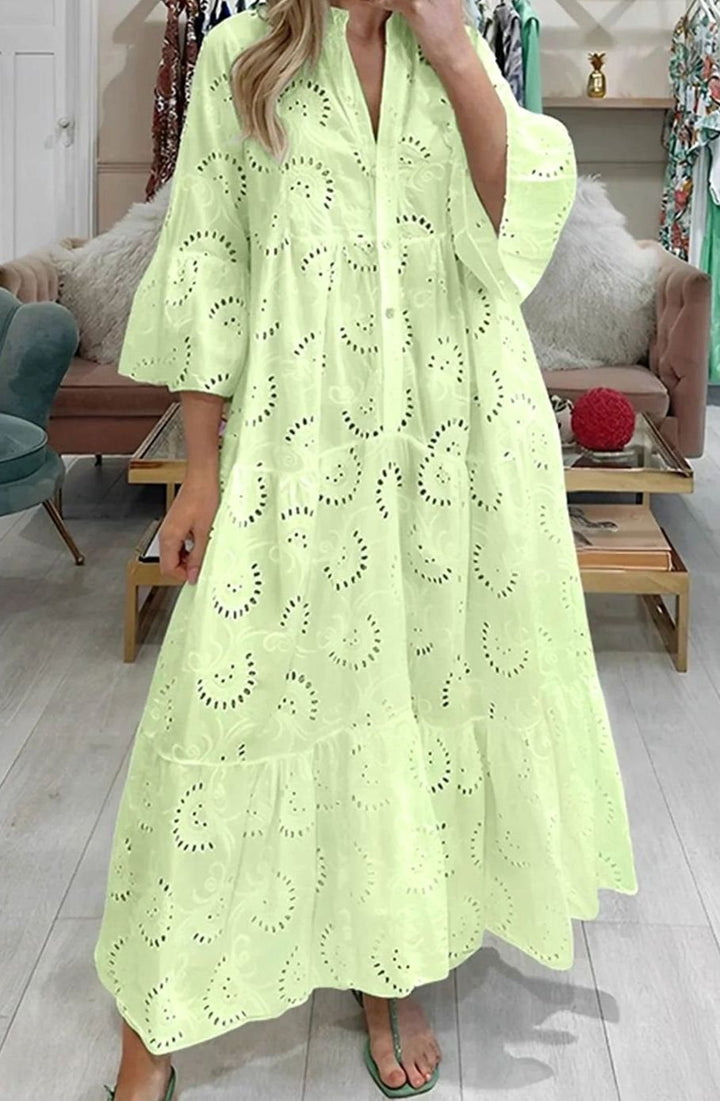 Hannah | Women's Eyelet Embroidered Tiered Maxi Dress V-Neck 3/4 Sleeve