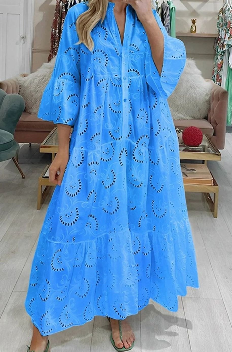 Hannah | Women's Eyelet Embroidered Tiered Maxi Dress V-Neck 3/4 Sleeve
