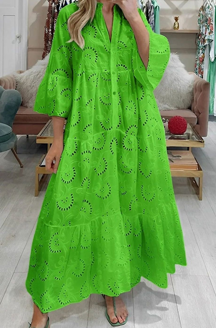 Hannah | Women's Eyelet Embroidered Tiered Maxi Dress V-Neck 3/4 Sleeve