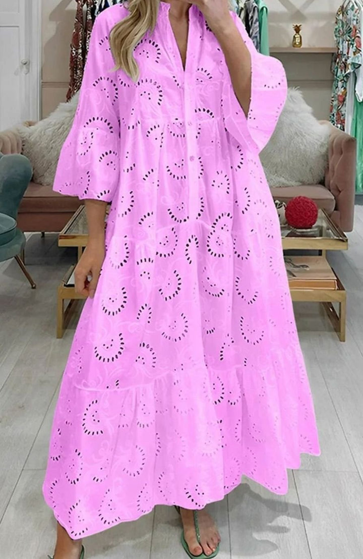 Hannah | Women's Eyelet Embroidered Tiered Maxi Dress V-Neck 3/4 Sleeve