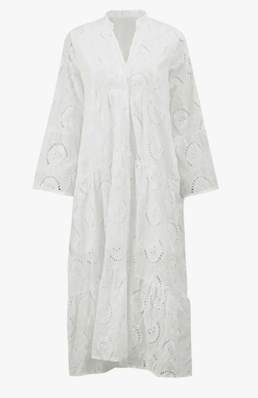 Hannah | Women's Eyelet Embroidered Tiered Maxi Dress V-Neck 3/4 Sleeve