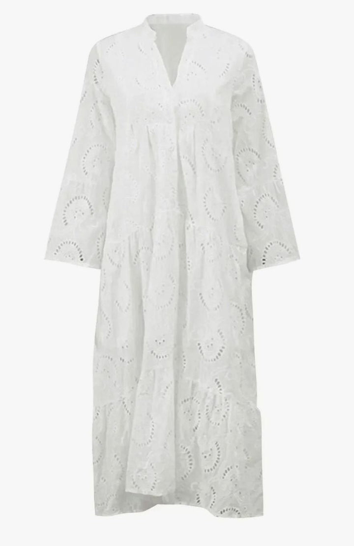 Hannah | Women's Eyelet Embroidered Tiered Maxi Dress V-Neck 3/4 Sleeve