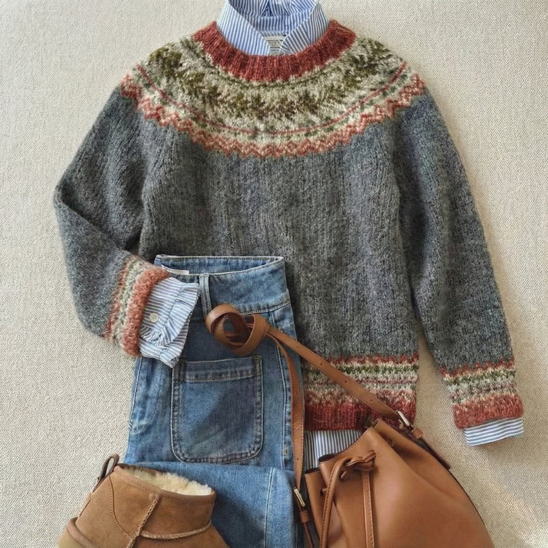Sophia | Women's Fair Isle Nordic Knit Sweater Relaxed Fluffy Pullover