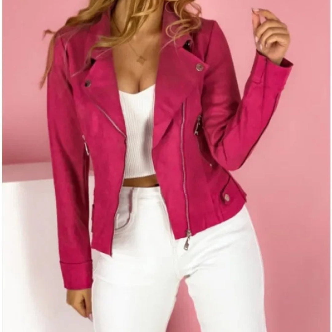 Sophia | Women's Faux Leather Jacket Convertible Collar Zip-Up Moto