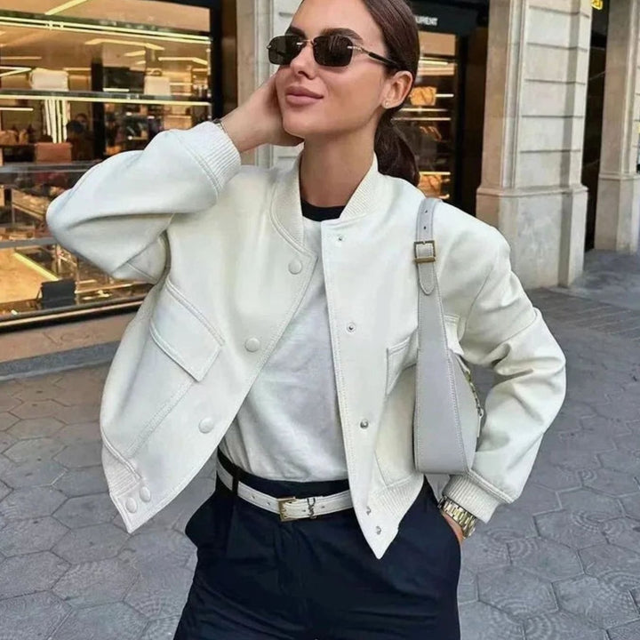 Aria | Women's Faux Leather Light Bomber Jacket Snap-Button Front Pockets