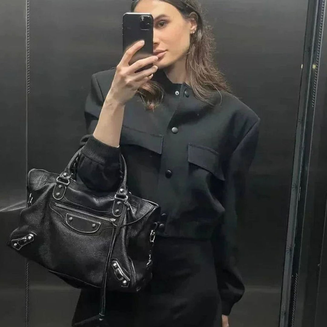 Aria | Women's Faux Leather Light Bomber Jacket Snap-Button Front Pockets