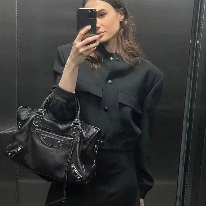 Aria | Women's Faux Leather Light Bomber Jacket Snap-Button Front Pockets