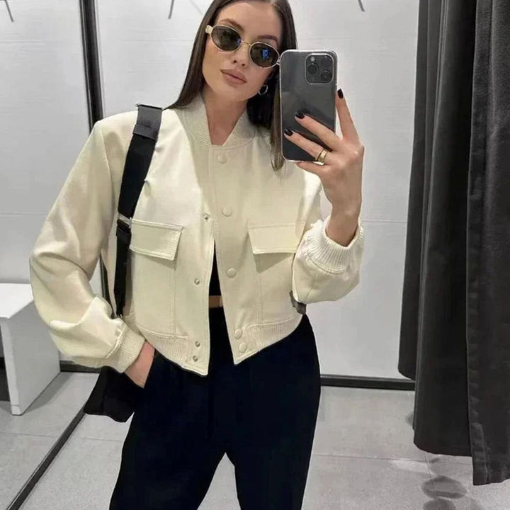 Aria | Women's Faux Leather Light Bomber Jacket Snap-Button Front Pockets