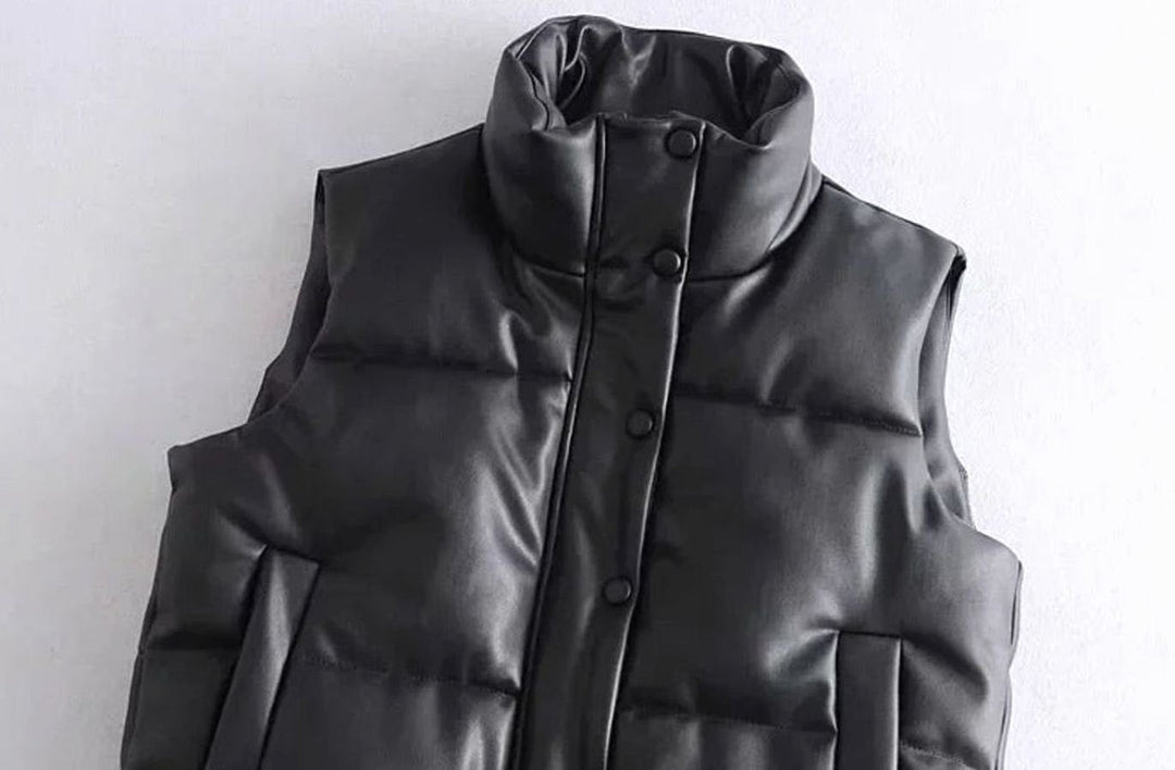 Luna | Women's Faux Leather Quilted Puffer Gilet High-Collar Sleeveless Vest