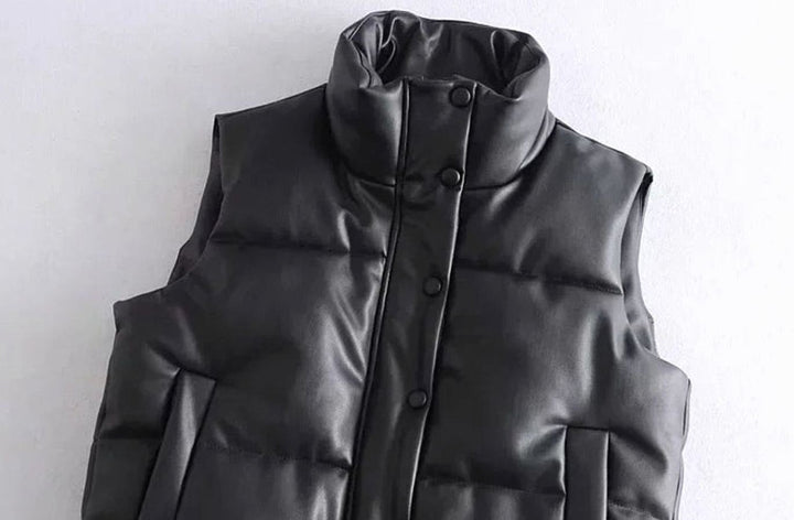 Luna | Women's Faux Leather Quilted Puffer Gilet High-Collar Sleeveless Vest
