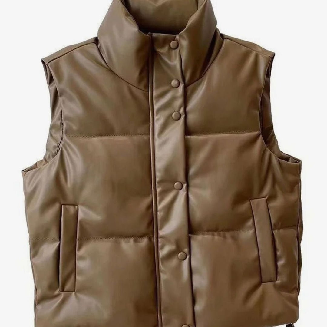 Luna | Women's Faux Leather Quilted Puffer Gilet High-Collar Sleeveless Vest