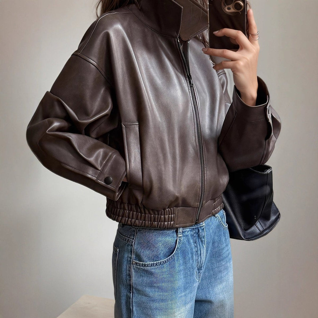 Mia | Women's Faux Leather Zip-Up Bomber Leather Jacket Elastic Waist