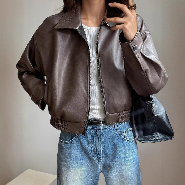 Mia | Women's Faux Leather Zip-Up Bomber Leather Jacket Elastic Waist
