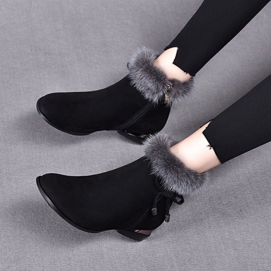 Charlotte | Women's Faux Suede Fur-Trim Flat Ankle Boots