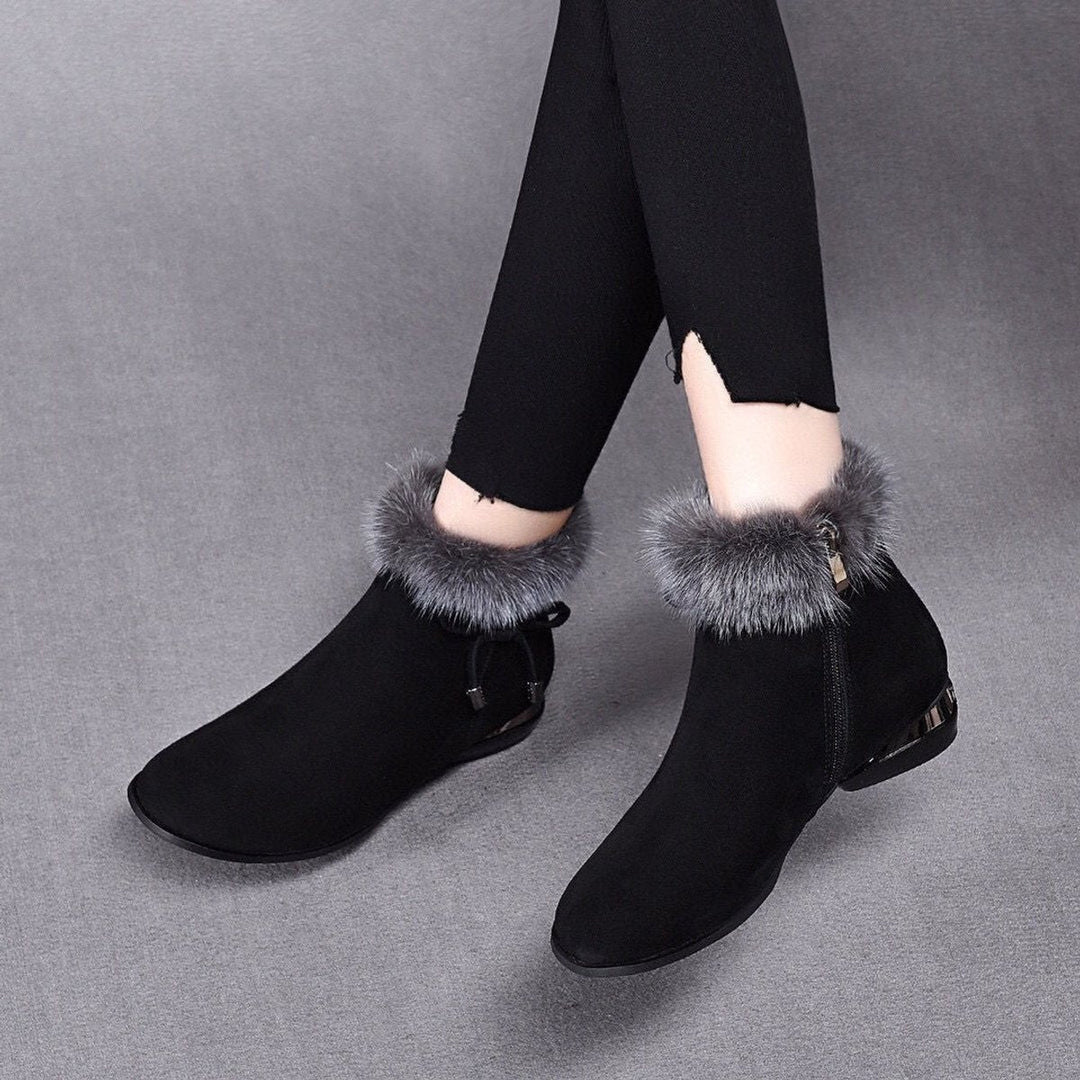 Charlotte | Women's Faux Suede Fur-Trim Flat Ankle Boots