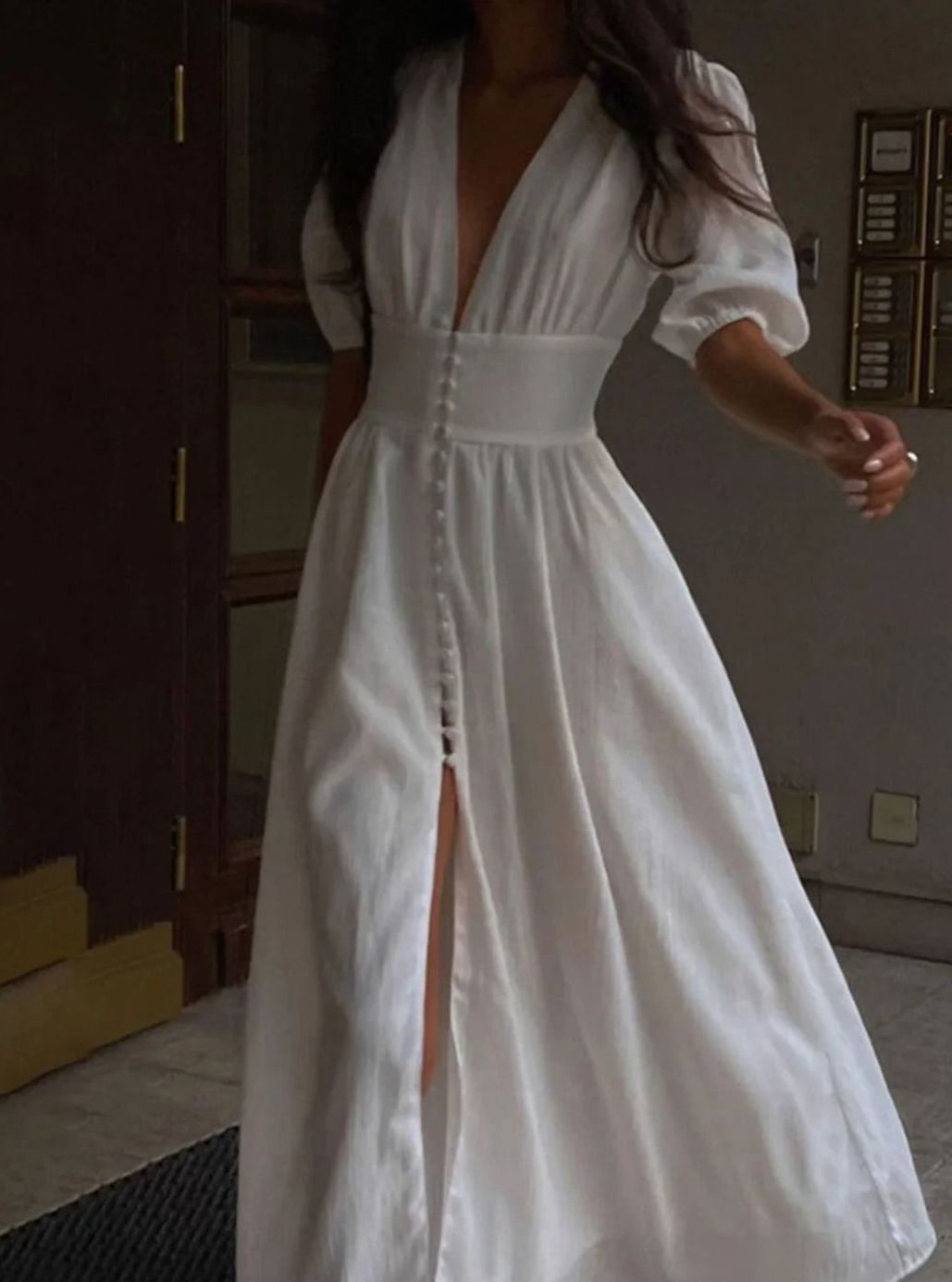 Olivia | Women's Fitted Puff-Sleeve Button-Front Maxi Dress