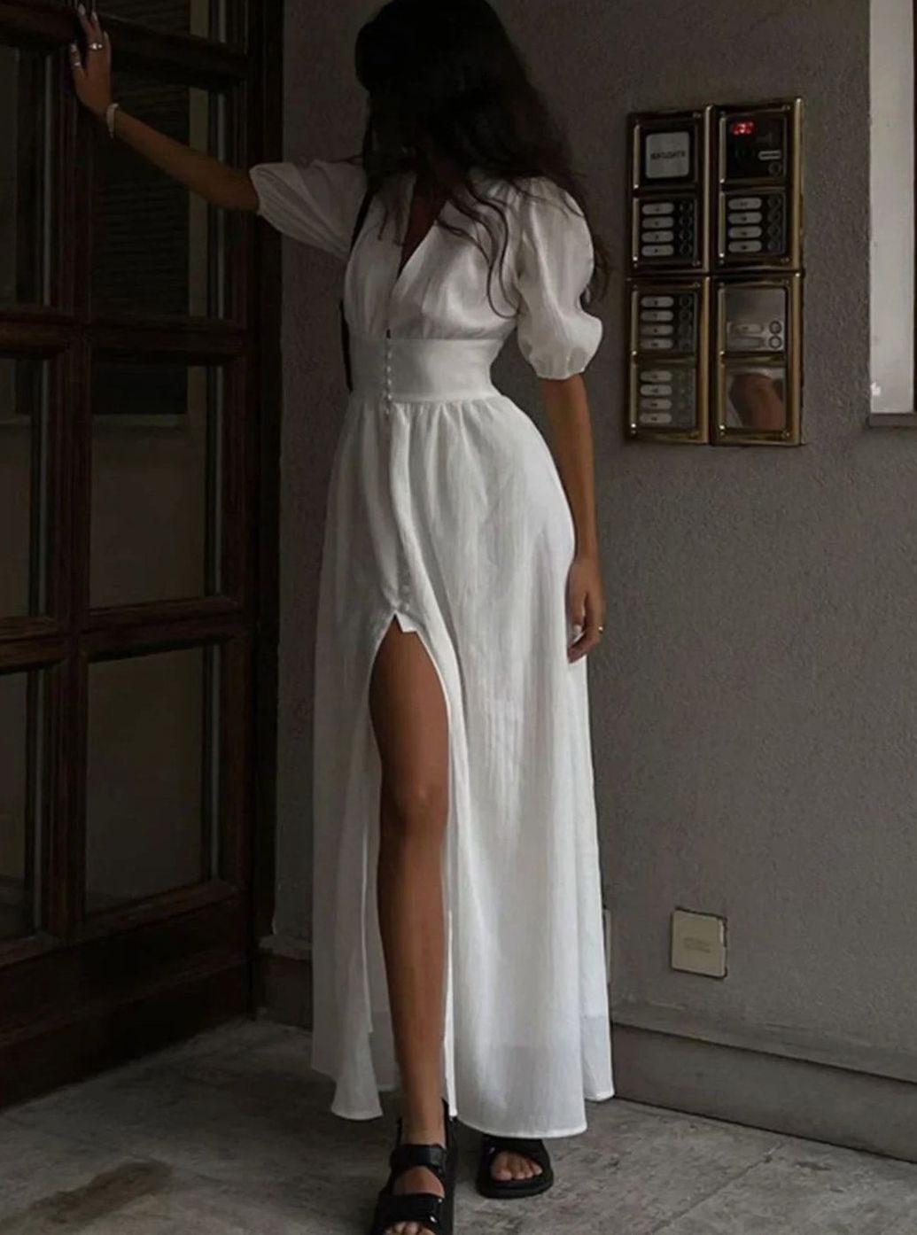 Olivia | Women's Fitted Puff-Sleeve Button-Front Maxi Dress