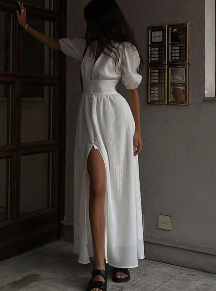 Olivia | Women's Fitted Puff-Sleeve Button-Front Maxi Dress