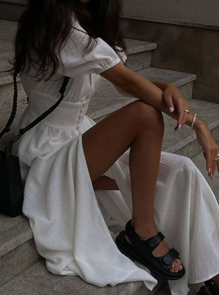 Olivia | Women's Fitted Puff-Sleeve Button-Front Maxi Dress