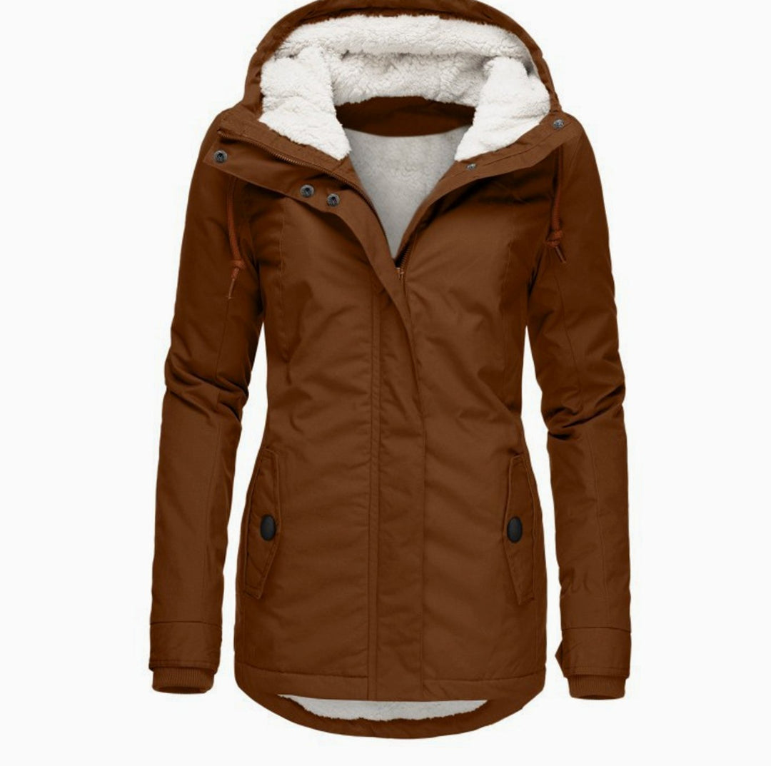 Aria | Women's Fleece-Lined Hooded Parka Coat Drawstring Curved Hem