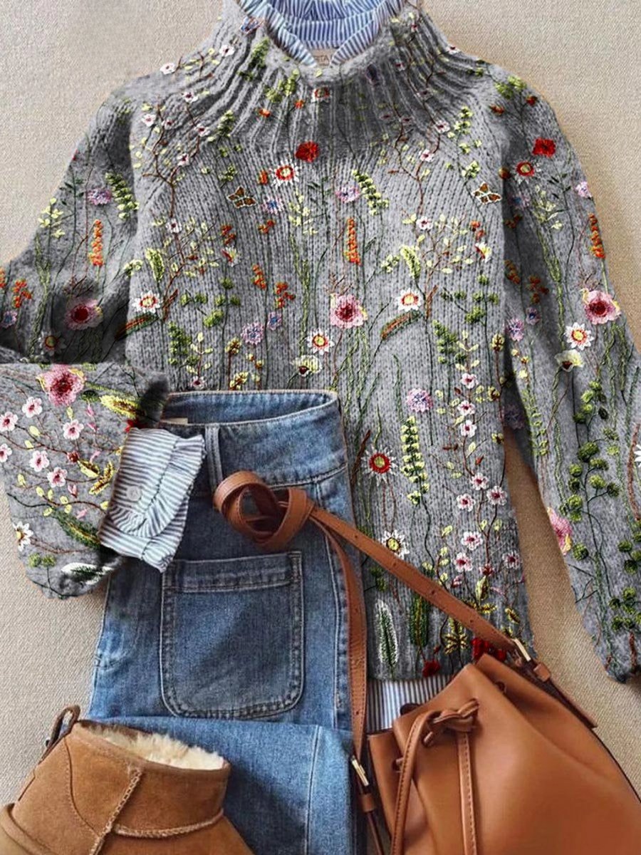 Scarlett | Women's Floral Embroidered Knit Turtleneck Sweater