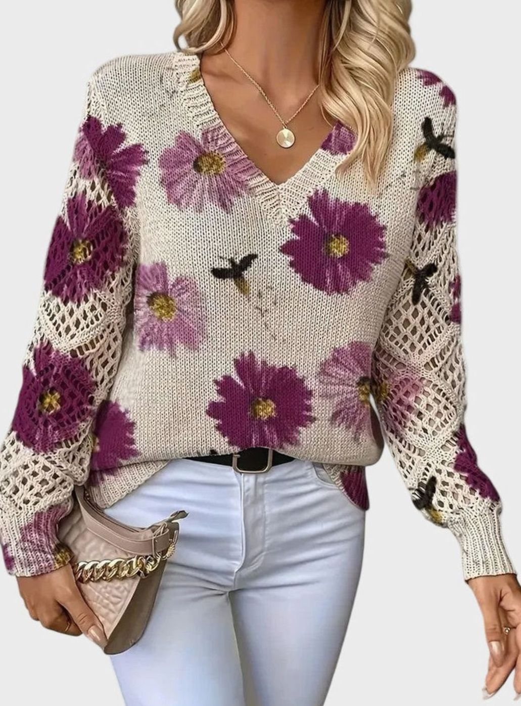 Isabella | Women's Floral Knit V-Neck Crochet Sleeve Pullover Sweater