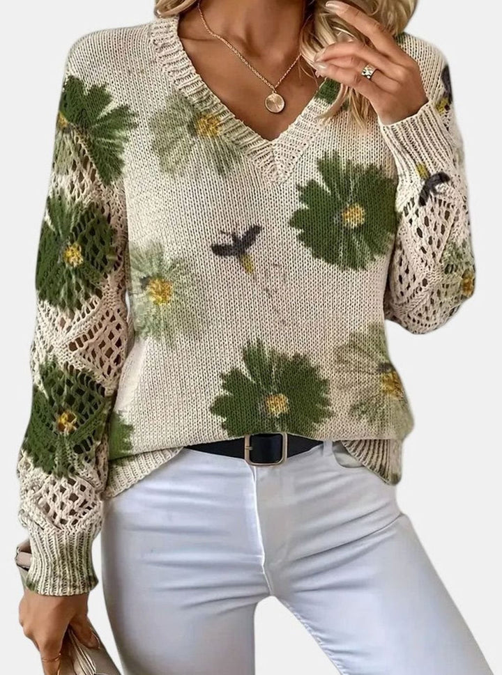 Isabella | Women's Floral Knit V-Neck Crochet Sleeve Pullover Sweater