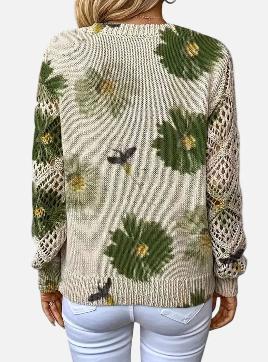 Isabella | Women's Floral Knit V-Neck Crochet Sleeve Pullover Sweater
