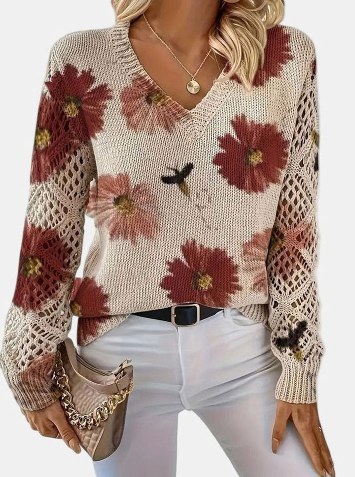 Isabella | Women's Floral Knit V-Neck Crochet Sleeve Pullover Sweater