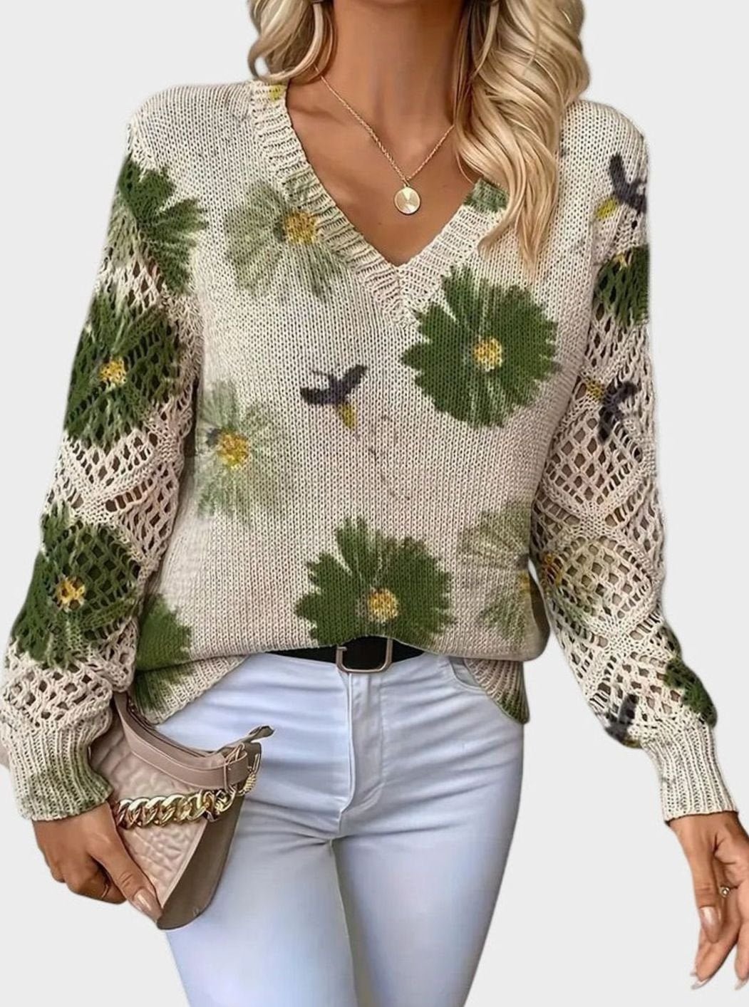 Isabella | Women's Floral Knit V-Neck Crochet Sleeve Pullover Sweater