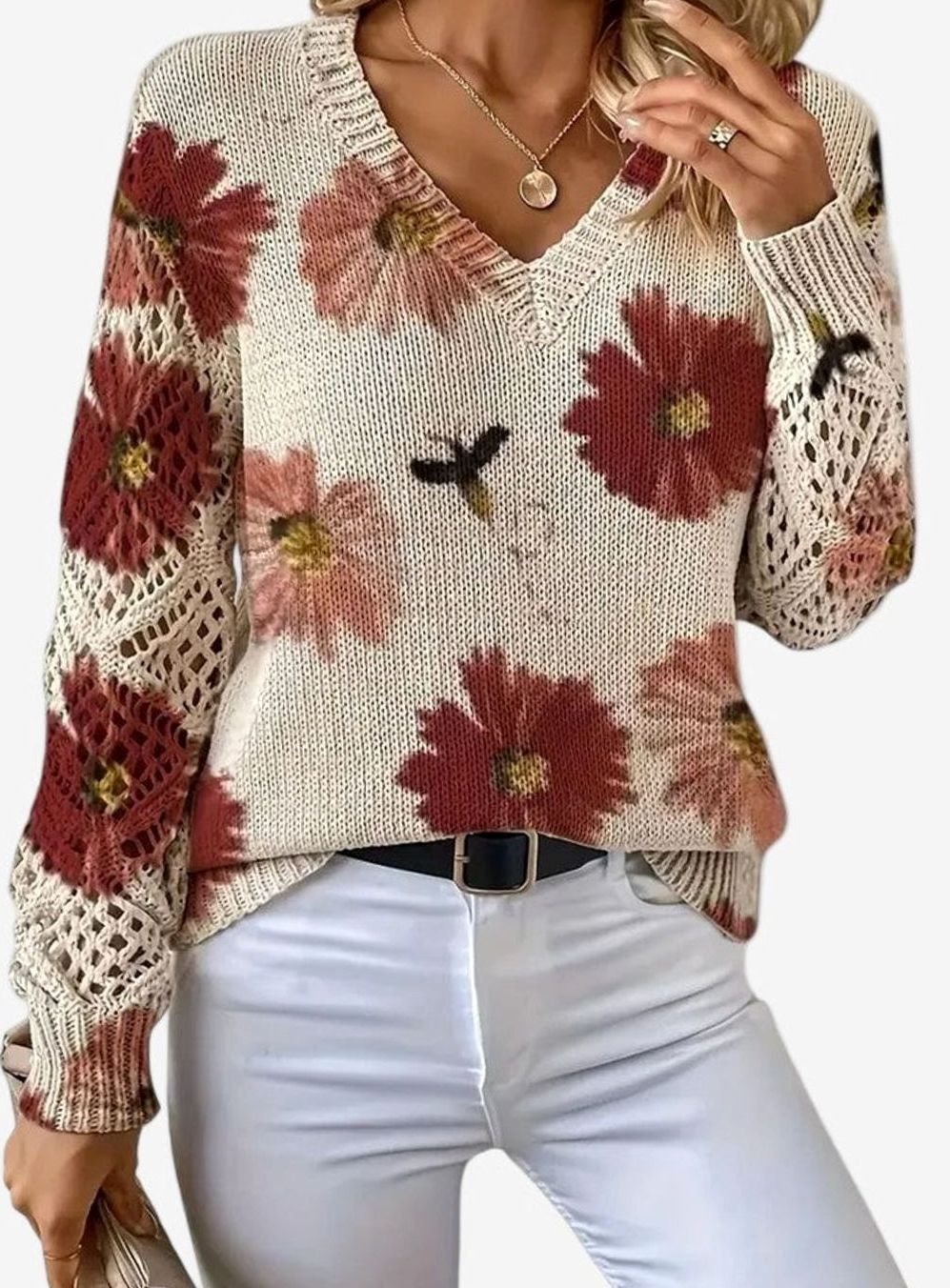 Isabella | Women's Floral Knit V-Neck Crochet Sleeve Pullover Sweater