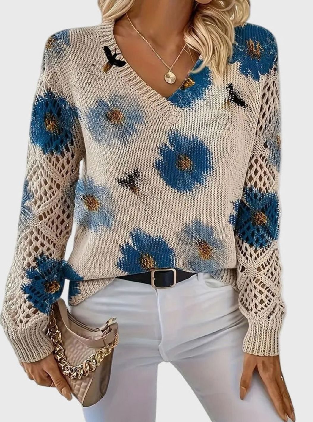 Isabella | Women's Floral Knit V-Neck Crochet Sleeve Pullover Sweater