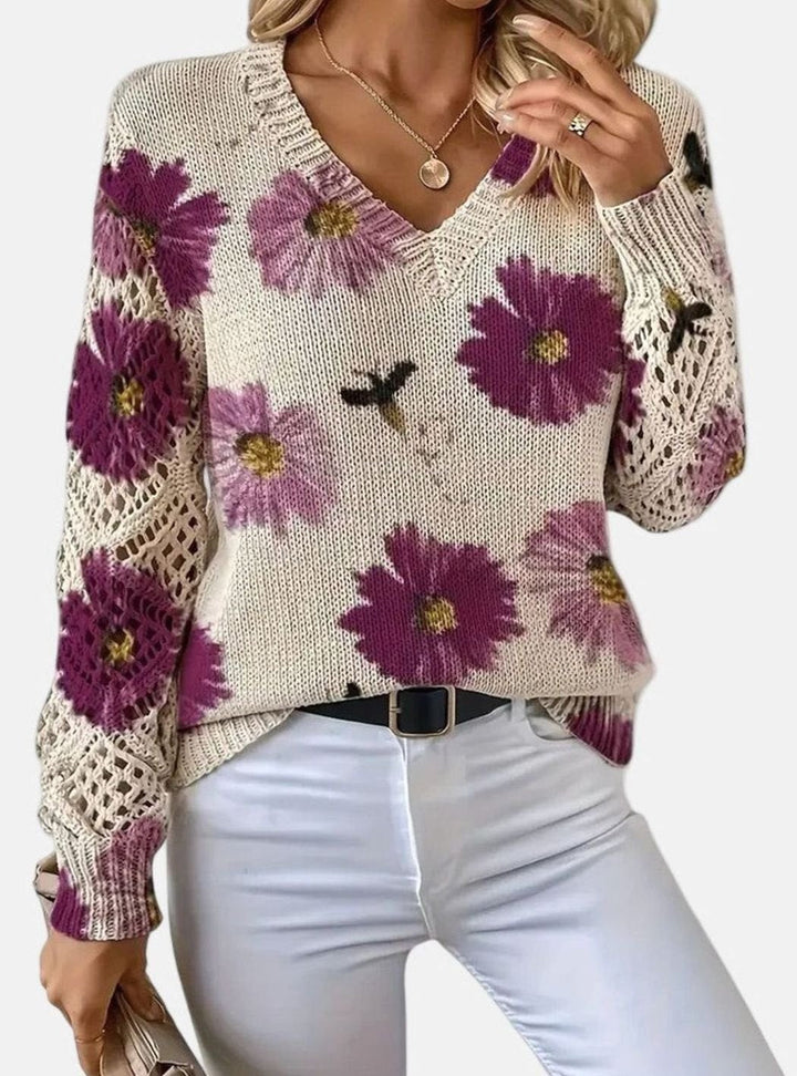 Isabella | Women's Floral Knit V-Neck Crochet Sleeve Pullover Sweater